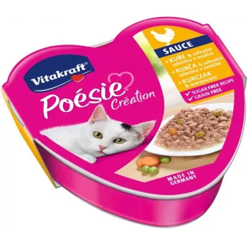 Šlapias kačių ėdalas Vitakraft Poesie Creation SOS – vištiena su daržovėmis, 85 g padėklas, suaugusioms katėms, baltymai 8%, riebalai 4,5%