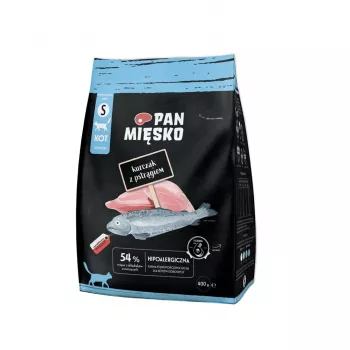 Sausas kačių ėdalas Pan Miesko Vištiena su Upėtakiu S, Pilnavertis ėdalas, 400 g, 39% Baltymų, 16% Riebalų