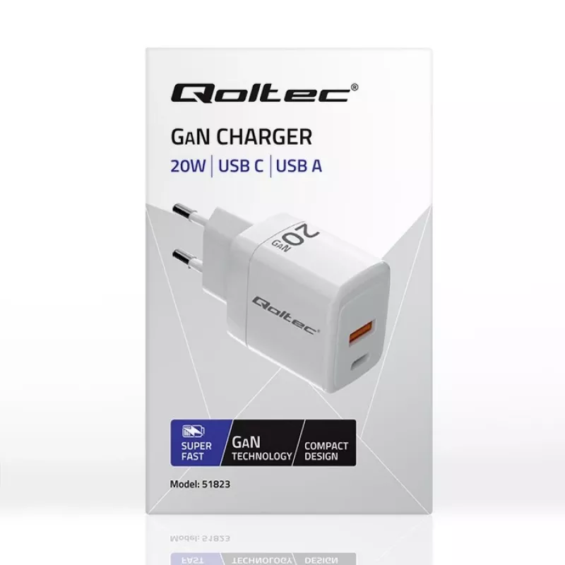 GaN įkroviklis QOLTEC 51823 20W USB maitinimo adapteris, 5V/20V išėjimas