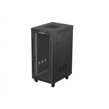Tinklo spintos stovas LANBERG 19 colių 24U 600x800 mm juodas su stiklinėmis durimis ir LCD išpjova (Flat Pack) v2