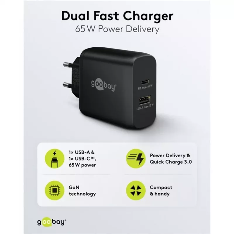 USB-C dvigubas greitas įkroviklis, PD, GaN, 65 W (juodas, 1x USB-C, 1x USB-A, Power Delivery)