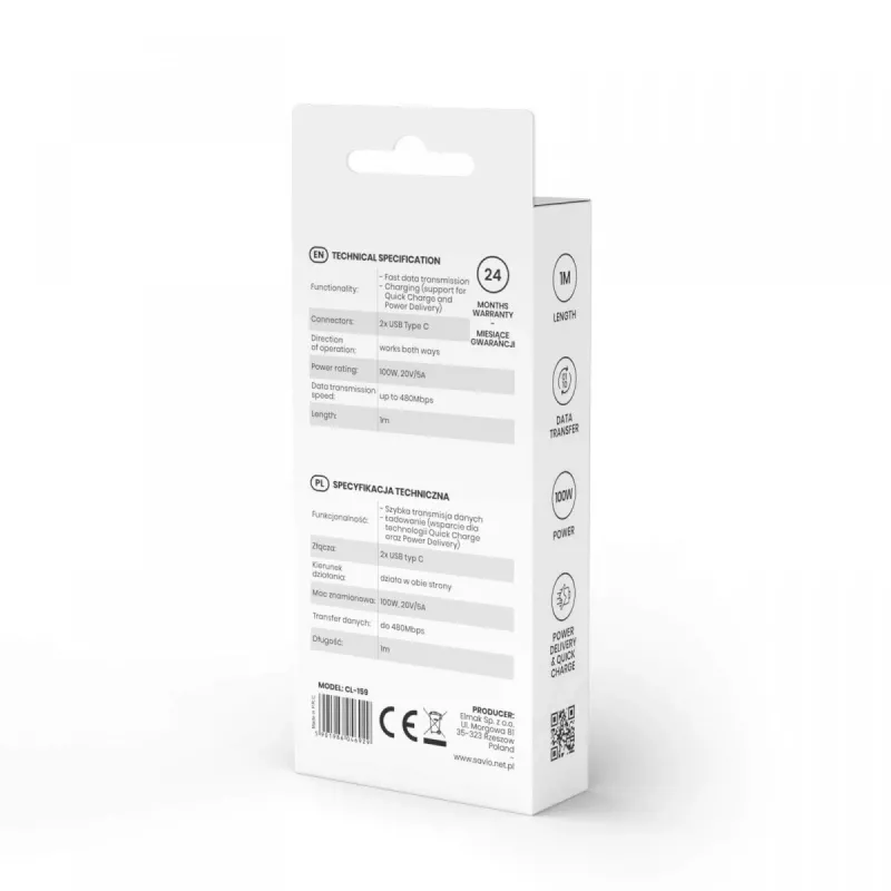 USB C laidas SAVIO CL-159 1 m, USB 2.0 (480 Mbit/s), juodas, 2.1 A