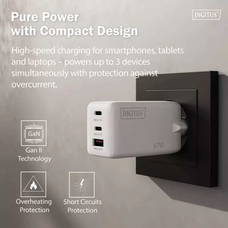 Sieninis įkroviklis DIGITUS DA-10303 67W GaN, 2× USB-C + 1× USB-A, 100–240 V, baltas