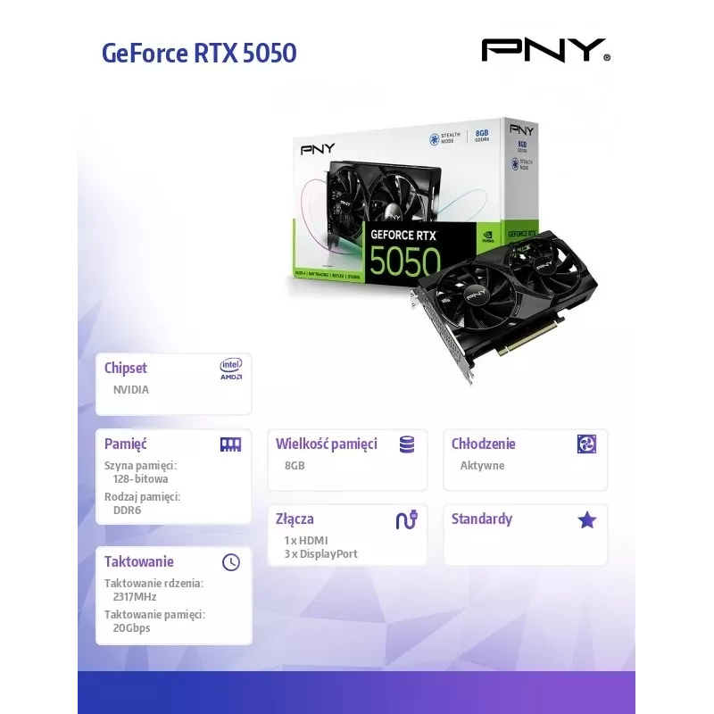 Vaizdo plokštė PNY GeForce RTX 5050 – 8 GB GDDR6, 2317 MHz, 128 bit, PCIe x8 5.0, dviejų ventiliatorių aušinimas