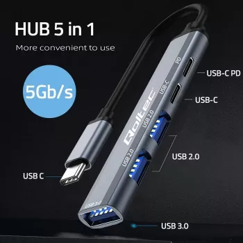 Qoltec 53790 USB-C 3.1 5in1 adapterio šakotuvas | USB-C PD | USB-C | 2x USB 2.0 | USB 3.0