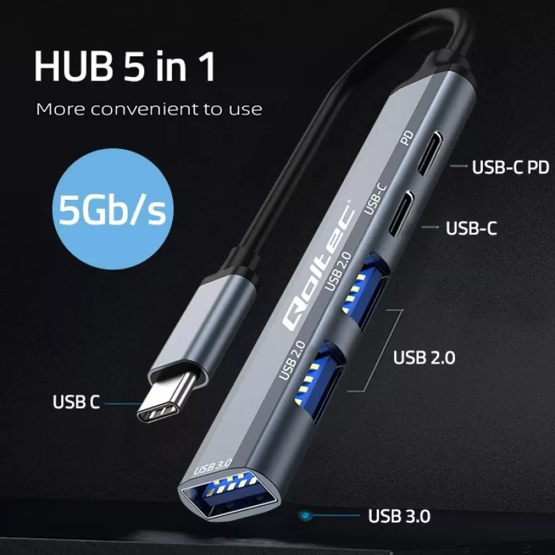 Qoltec 53790 USB-C 3.1 5in1 adapterio šakotuvas | USB-C PD | USB-C | 2x USB 2.0 | USB 3.0