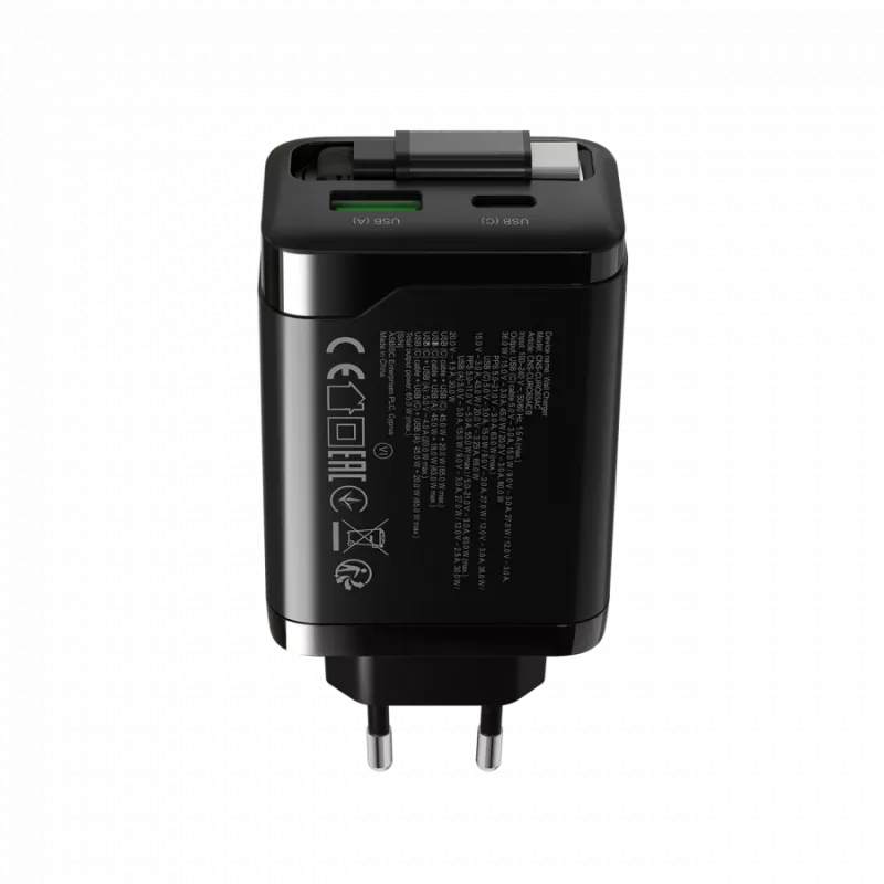 Įkroviklis CANYON OnCharge 65RC su integruotu USB-C laidu, 65W, 1x PD, 1x QC, EU kištukas, Juodas