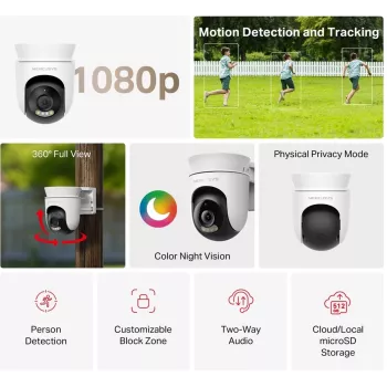 IP apsaugos kamera MERCUSYS MC500 1080p WDR Wi‑Fi lauko lemputė IP65 PoE/DC 2 krypčių garsas 340° pasukimas 9x optinis priartinimas