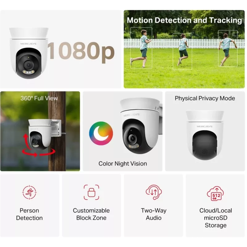 IP apsaugos kamera MERCUSYS MC500 1080p WDR Wi‑Fi lauko lemputė IP65 PoE/DC 2 krypčių garsas 340° pasukimas 9x optinis priartinimas