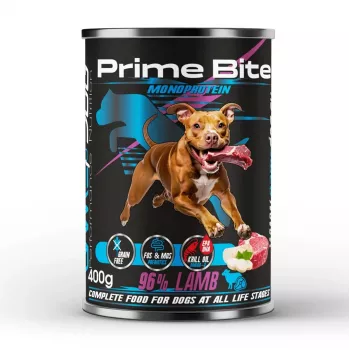 PRIME BITE Monoprotein ėriena su petražolėmis – šlapias šunų ėdalas 400g