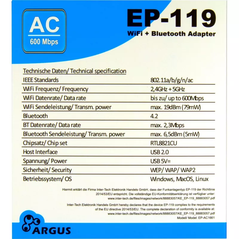 USB Wi-Fi / Bluetooth adapteris INTER-TECH EP-119, Wi-Fi 5 (802.11ac) Dual-band 600 Mbit/s