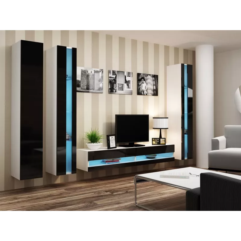 TV stovas Cama Meble VIGO NEW 30/180/40, baltas viršus, juodas blizgus rėmas, 1800×400×300 mm
