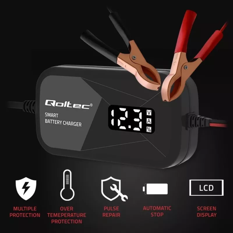 Akumuliatoriaus įkroviklis QOLTEC 52492 12V 2A su mikroprocesoriniu valdymu ir regeneravimo funkcija