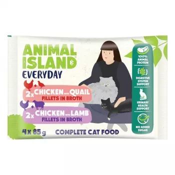 ANIMAL ISLAND Vištienos / Putpelės ir vištienos / ėrienos filė sultinyje - šlapias kačių maistas - 4x85g