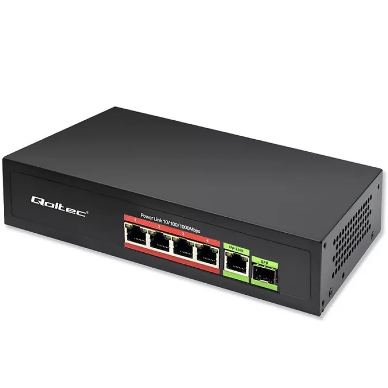 Ethernet PoE jungiklis QOLTEC 52296 — 4x RJ45 PoE prievadai, 1x RJ45 uplink