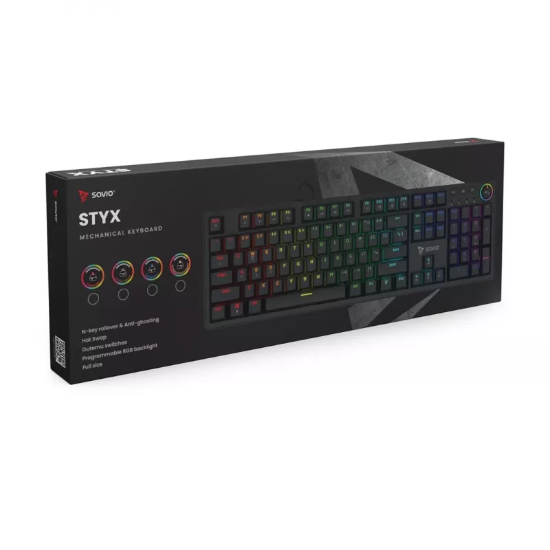 Mechaninė žaidimų klaviatūra SAVIO STYX Outemu Blue Hot-Swap RGB USB QWERTY US International juoda 104 klavišų Full-size