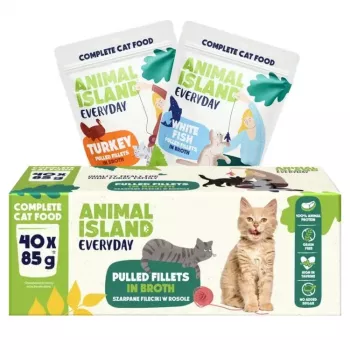 Šlapias kačių ėdalas animal island Everyday kalakutiena ir baltosios žuvies filė sultinyje, 40 x 85 g, suaugusioms, be grūdų, paketėliai