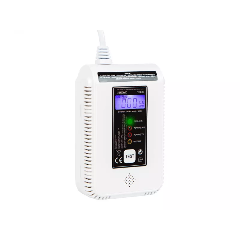 Anglies monoksido ir dujų detektorius BLOW TGC30 WiFi Tuya su LCD, 85 dB, laidinis, paviršinis montavimas, baltas