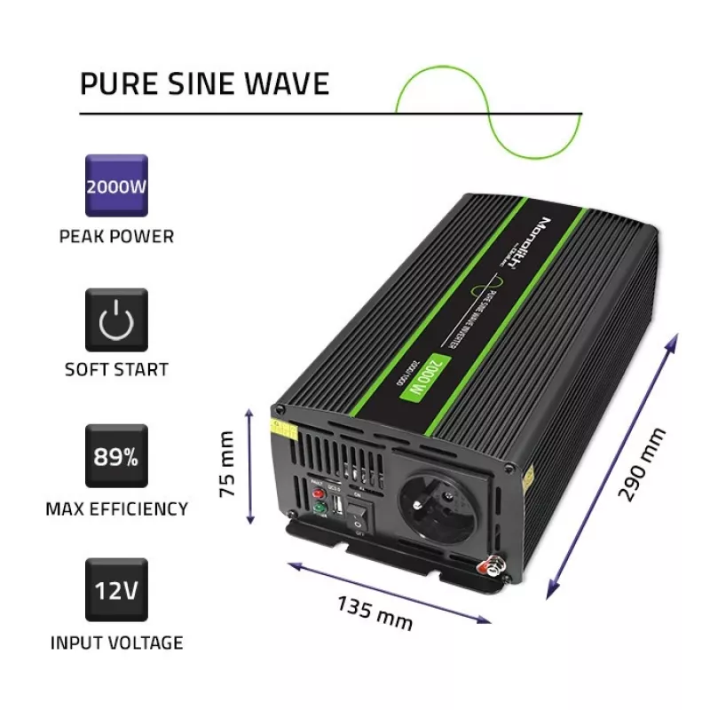 Automobilinis inverteris Qoltec Monolith 2000 W juodas 12 V
