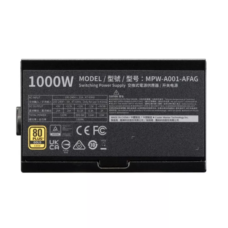 Cooler Master MPW-A001-AFAG-BEU Gold 80+ 1000W maitinimo blokas, INTEL ATX 3.1, 135 mm, FDB ilgaamžis guolis
