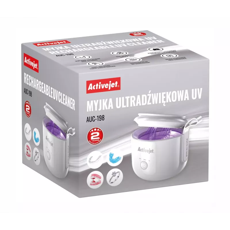 Ultragarsinis valiklis ActiveJet AUC-198 – USB įkraunamas, UV, 7,4 V, 106×107×89 mm