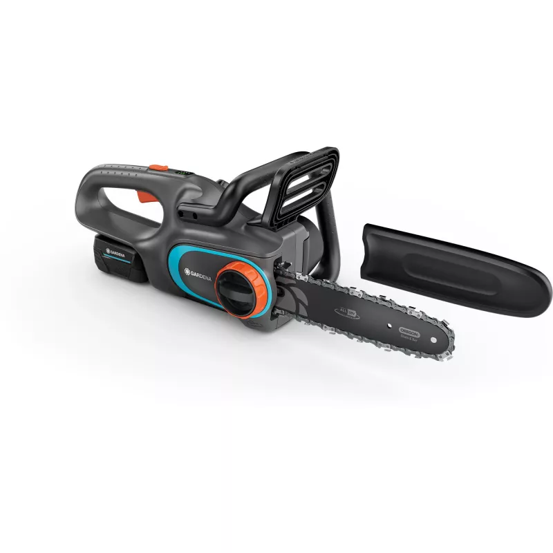 Belaidis grandininis pjūklas PowerSaw 250/18V P4A paruoštas naudoti rinkinys (pilka/turkio spalvos, Li-Ion akumuliatorius 2,5 Ah P4A, POWER FOR ALL ALLIANCE)