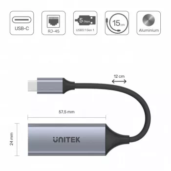 Tinklo adapteris Unitek U1312A, USB-C į RJ45, Gigabit Ethernet, IEEE 802.3, pilka, 0,5 m kabelis