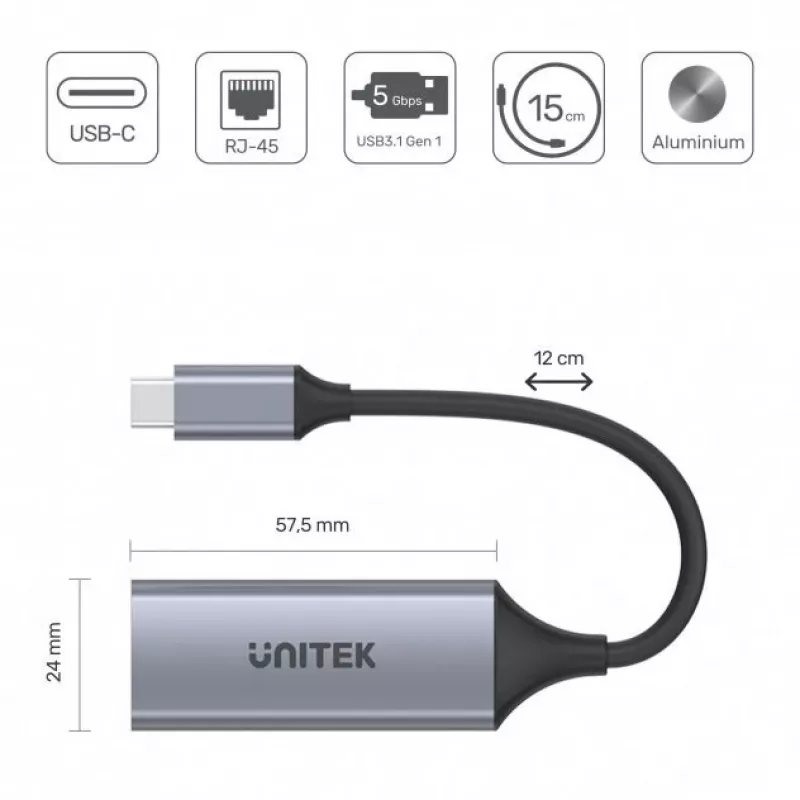 Tinklo adapteris Unitek U1312A, USB-C į RJ45, Gigabit Ethernet, IEEE 802.3, pilka, 0,5 m kabelis