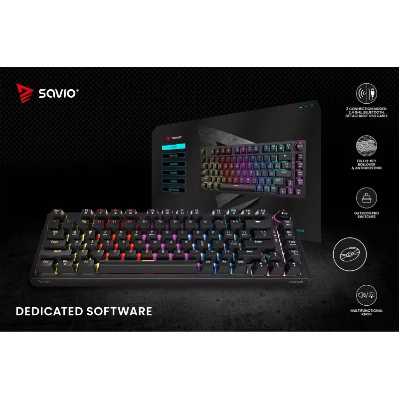 Savo Phenix SAVGK-RED mechaninė klaviatūra žaidimams 75% Gateron Pro RGB belaidė RF Bluetooth USB QWERTY