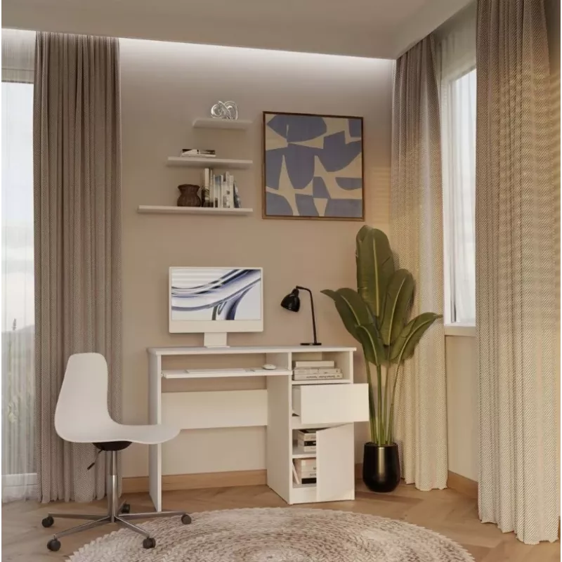 Stalinis kompiuterinis stalas PORTO Desk Right White, 985×510×755 mm, 1 stalčius, klaviatūros lentyna