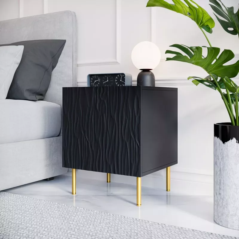 Naktiniai staleliai 2 vnt. cama meble JUNGLE — 53,5×40,5×44 cm, juodas matinis MDF/medžio drožlių plokštė, auksinės kojelės