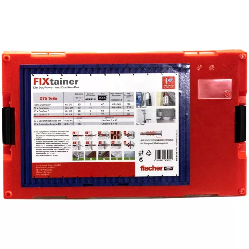 FixTainer - DUOPOWER & DUOSEAL + varžtai, sieninis kaištis šviesiai pilkas/raudonas, 275 vnt.