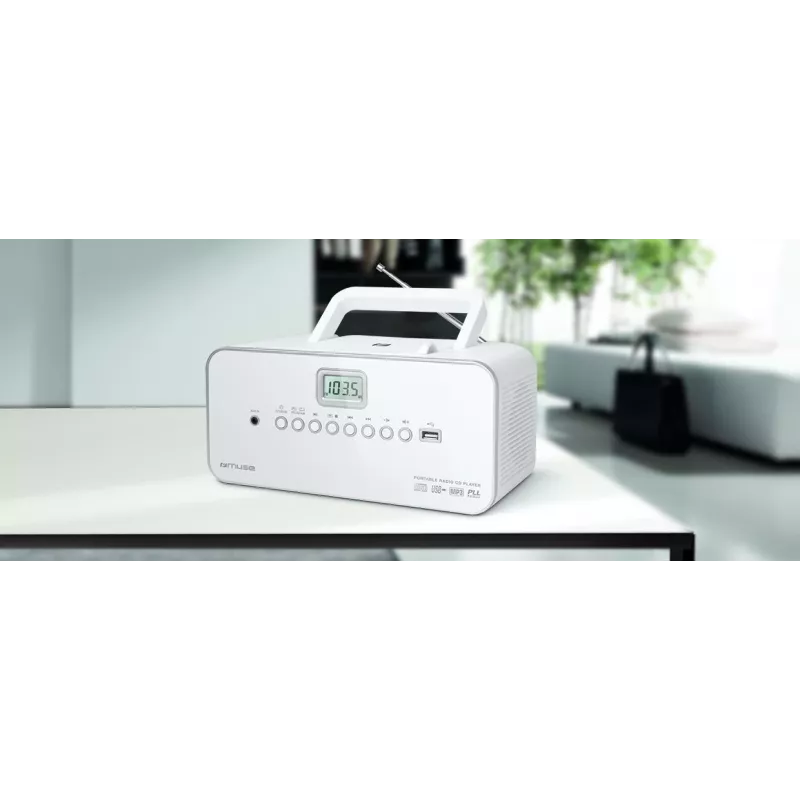 Nešiojama stereo sistema Muse M-28RDW – CD/MP3 grotuvas, FM/MW imtuvas, 3W RMS, balta, 1,4 kg