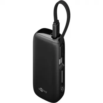 Powerbank 5.000 mAh, integruotas USB-C kabelis 13 cm, 20 W (juodas, 5 Ah, 1x USB-A, 1x USB-C, PD, QC)