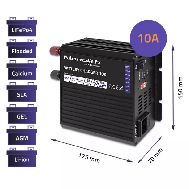 Qoltec Smart Monolith baterijų krautuvas, skirtas LiFePO4 AGM GEL SLA akumuliatoriams | 10A | 12V