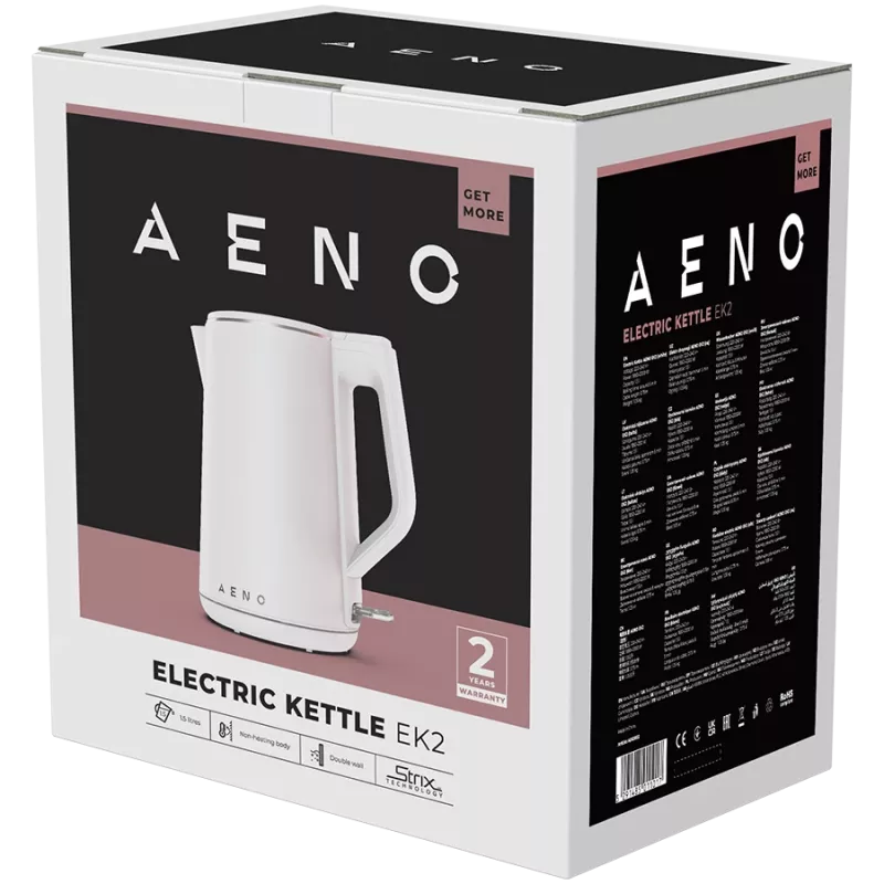 AENO EK2 elektrinis virdulys: 1850-2200 W, 1,5 l, Strix, dvigubos sienelės, neįkaitantis korpusas, automatinis išsijungimas, apsauga nuo virimo be vandens