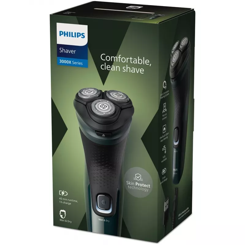 Elektrinis rotacinis skustuvas Philips 3000X Series X3002/00 – 3 galvutės, šlapias ir sausas, belaidis, NiMH akumuliatorius, 40 min veikimo