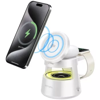 Belaidis įkroviklis 4smarts Qi2 Aura Sound Baltas – Qi2 greitasis belaidis įkrovimas, integruotas garsiakalbis
