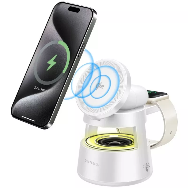 Belaidis įkroviklis 4smarts Qi2 Aura Sound Baltas – Qi2 greitasis belaidis įkrovimas, integruotas garsiakalbis