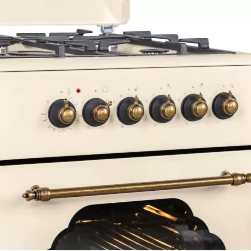 Dujinė-elektrinė viryklė MPM MPM-56-KRM-14, 56 cm, 4 dujiniai degikliai, elektrinė orkaitė, kreminė