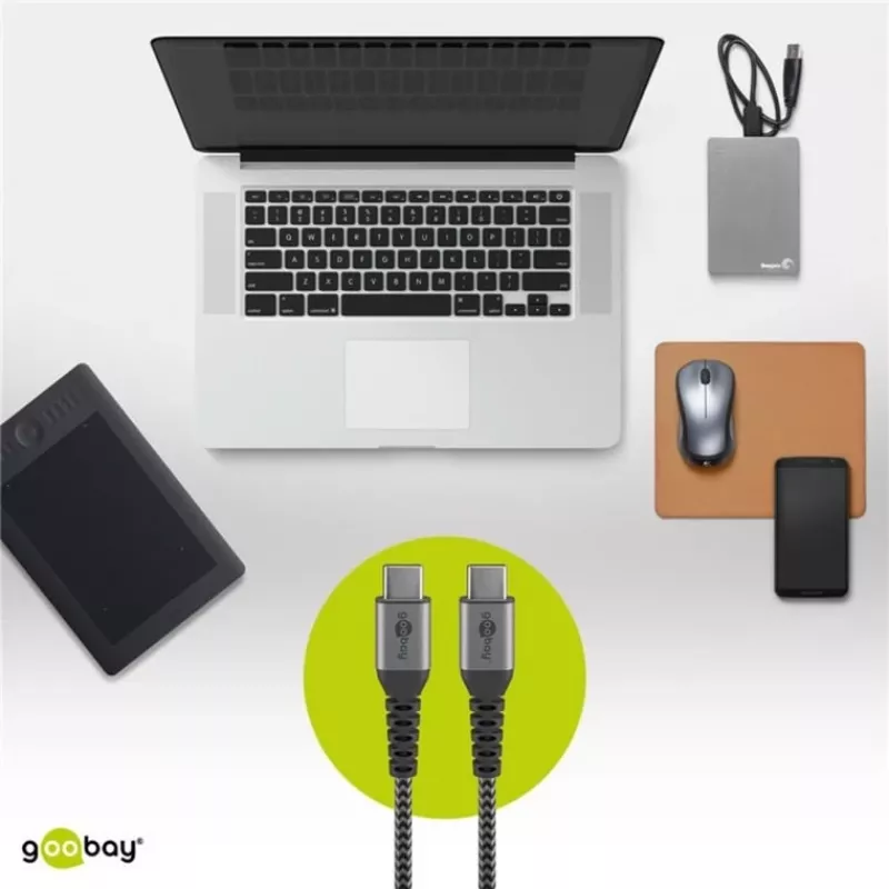 Goobay 49301 USB-C–USB-C laidas tekstiliniu apvalkalu ir metaliniais kištukais, 0,5 m, kosminė pilka/sidabrinė