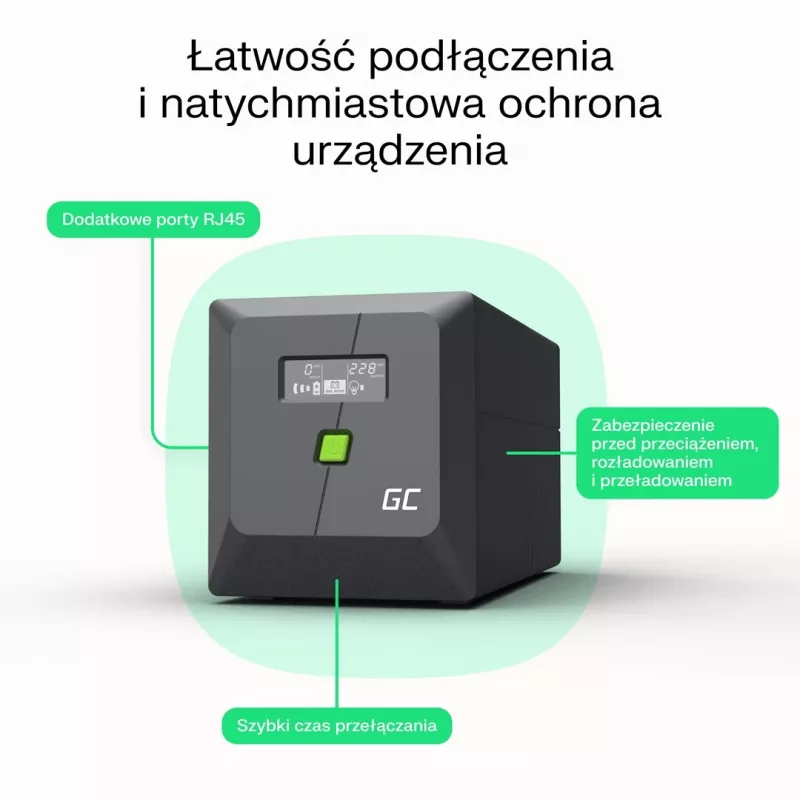 Nepertraukiamo maitinimo šaltinis UPS Line-Interactive 2 kVA 1200 W, Green Cell, 4 AC lizdai, USB, 12 V 9 Ah VRLA (bokštas)