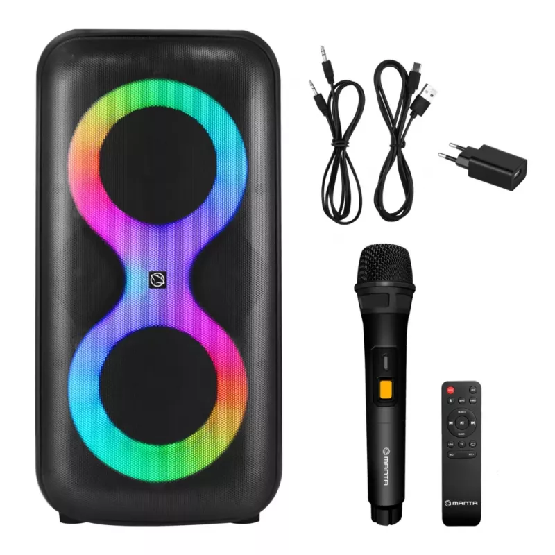 Nešiojamas muzikos centras MANTA SPK0401B100 Bluetooth garsiakalbis, 100 W didžiausia galia, FM radijas, karaokė, įmontuota baterija, X-BASS