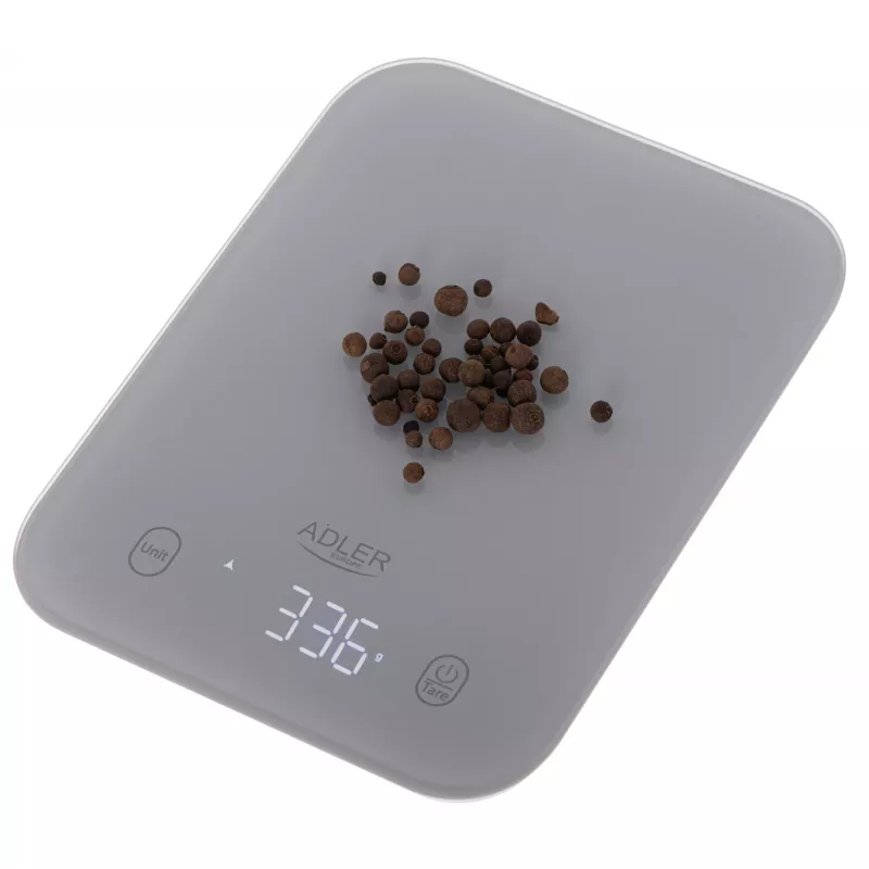 Virtuvinės svarstyklės Adler AD 3181, grūdintas stiklas, 10 kg talpa, 1 g tikslumas, LED ekranas, pilka