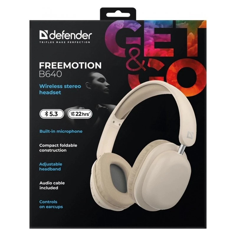 Belaidės ausinės per ausį DEFENDER EEMOTION B640 BEIGE — binaurinės, uždaros akustinės, USB-C, AUX, 20–20000 Hz, 105 dB