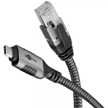 Ethernet kabelis USB-C 3.2 Gen2 kištukas > RJ-45 kištukas, LAN adapteris juodas/sidabrinis, 2 m, pintas tekstilinis apvalkalas
