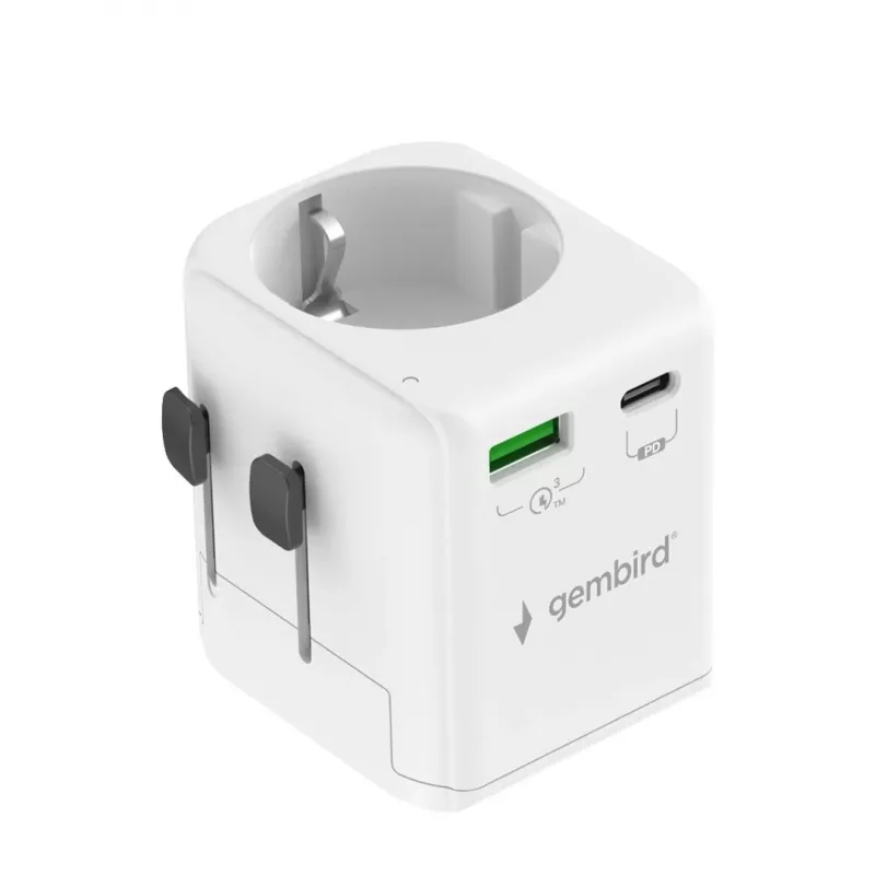Keliaujantis maitinimo adapteris GEMBIRD TPA-EU1A1C20-01-W 20W, USB-A 18W + USB-C 20W, Schuko kištukas, įėjimas 100–250V