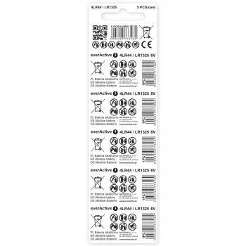 Šarminės monetinės baterijos everActive LR44 1,5V — pakuotė po 5 vnt.