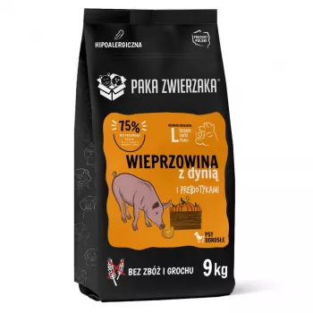 Sausas šunų maistas PAKA ZWIERZAKA Kiauliena su moliūgu L 9 kg — suaugusių didelių veislių priežiūra, vieno baltymo, 29% baltymų, 15% riebalų