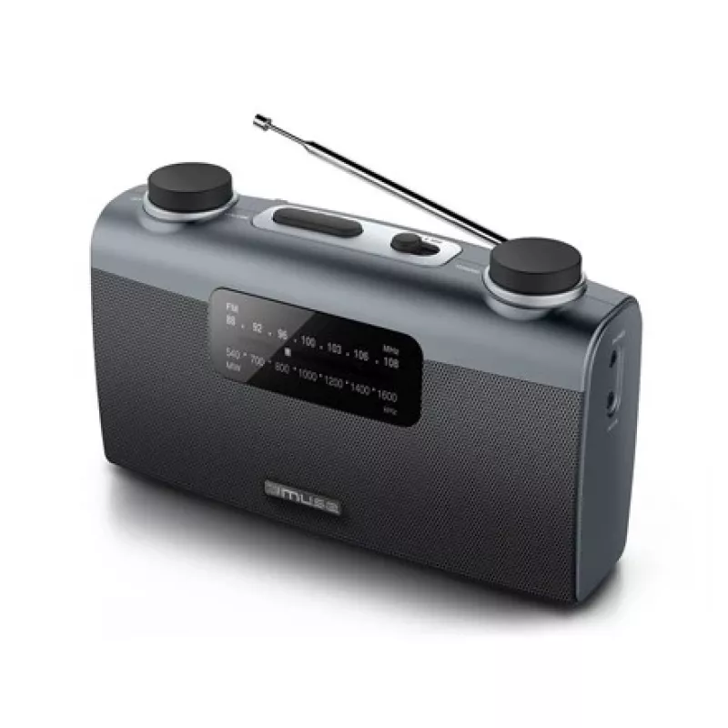 Nešiojamas radijo imtuvas Muse M-058 R — AM/FM, sukamas garsumo reguliatorius, baterijos arba 230 V maitinimas, juoda/pilka